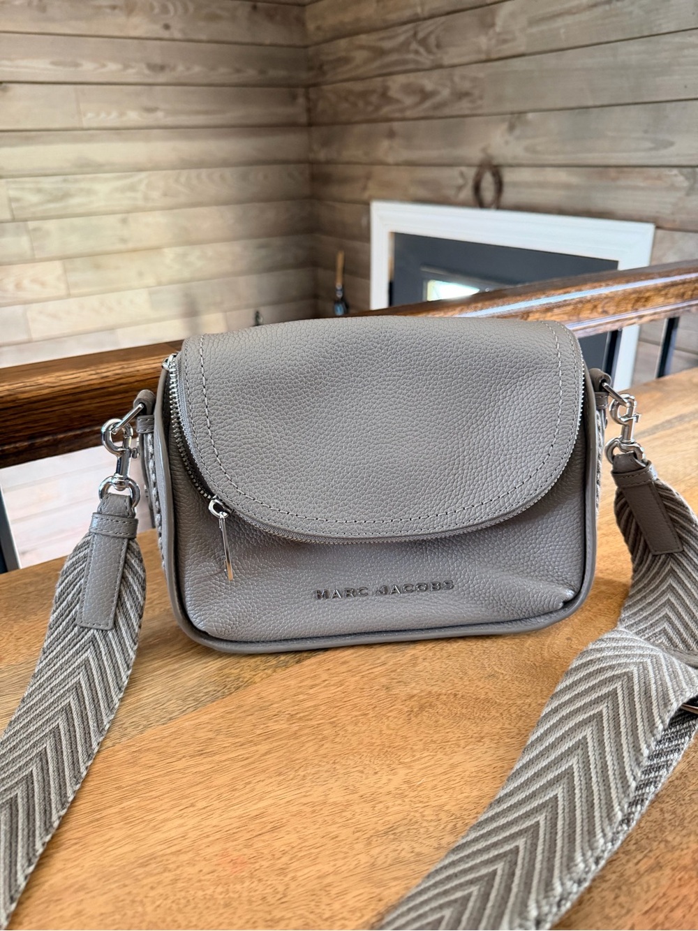 Marc Jacobs Taupe Gray Pebbled Leather Crossbody with Patterned Strap